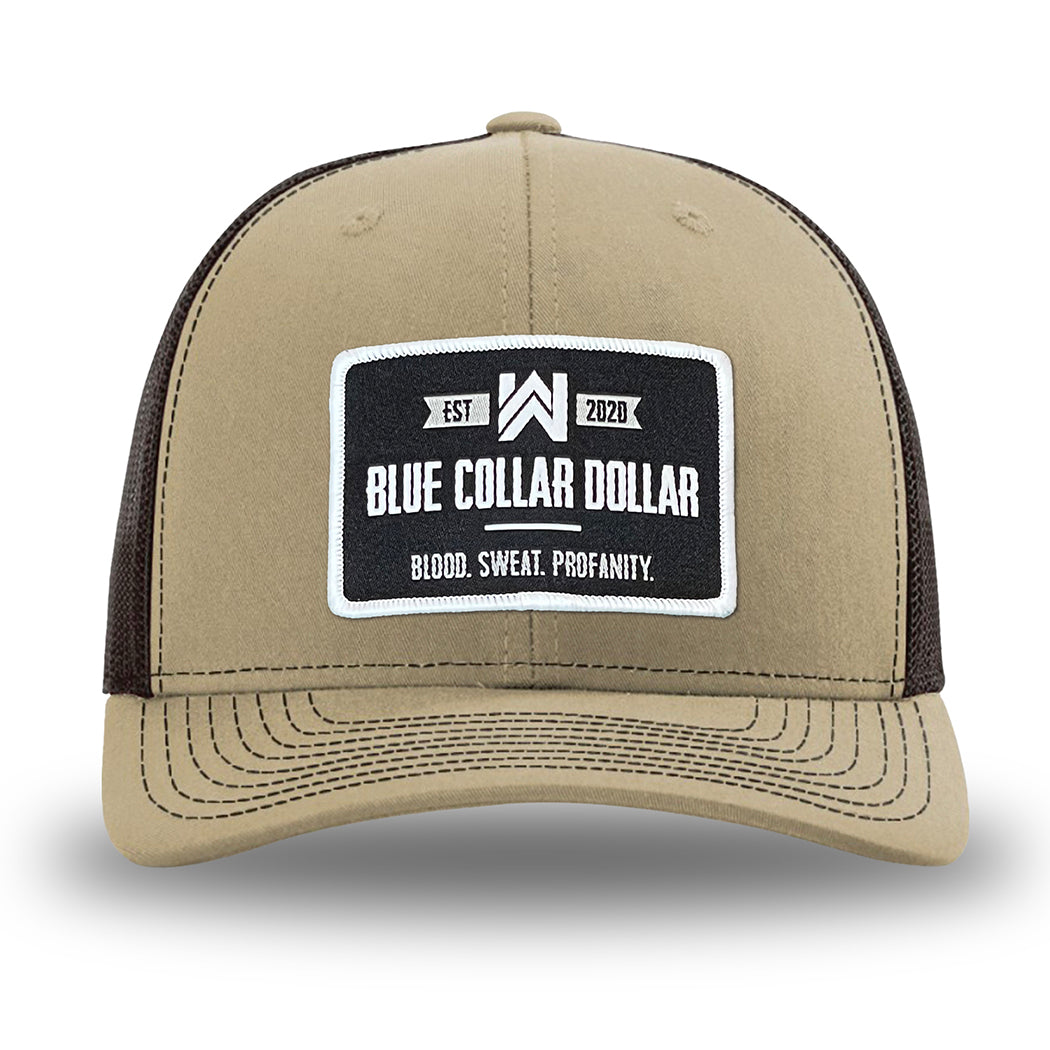 Khaki/Coffee WeWorkin hat—Richardson 112 brand snapback, retro trucker classic hat style. WeWorkin "Blue Collar Dollar" patch is centered large on the front panels.