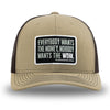 Khaki/Coffee WeWorkin hat—Richardson 112 brand snapback, retro trucker classic hat style. WeWorkin "Everybody Want$ the Money, Nobody Wants the WORK." patch is centered on the front panels.