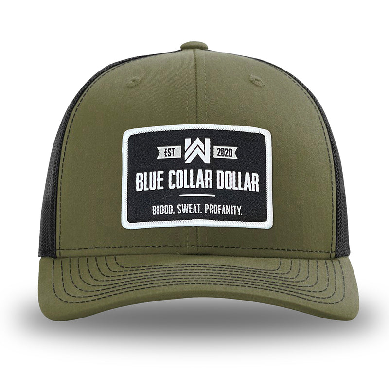 Loden/Black WeWorkin hat—Richardson 112 brand snapback, retro trucker classic hat style. WeWorkin "Blue Collar Dollar" patch is centered large on the front panels.