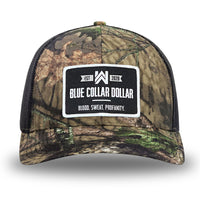 Mossy Oak/Country DNA/Black WeWorkin hat—Richardson 112 brand snapback, retro trucker classic hat style. WeWorkin "Blue Collar Dollar" patch is centered large on the front panels.