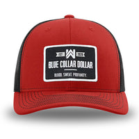 Red/Black WeWorkin hat—Richardson 112 brand snapback, retro trucker classic hat style. WeWorkin "Blue Collar Dollar" patch is centered large on the front panels.