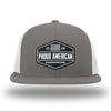 Charcoal/White WeWorkin hat—Richardson 511 brand snapback, flatbill trucker hat style. WeWorkin black and white "PROUD AMERICAN" silicone patch is centered on the front panels.