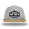 Heather Grey/Birch/Biscuit WeWorkin hat—Richardson 511 brand snapback, flatbill trucker hat style. WeWorkin black and white "PROUD AMERICAN" silicone patch is centered on the front panels.