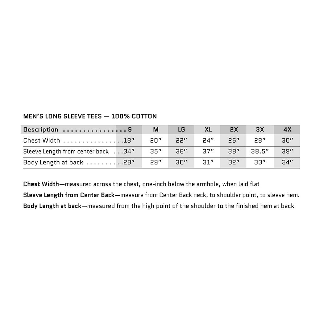 Men's long sleeve tee (100% Cotton) shirt sizing chart. Chest, Sleeve length from center back and Body length at back measurements for sizes SM-4X (from manufacturer's specs.)