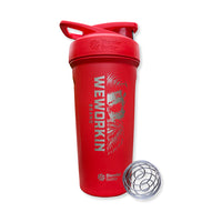 Red Stainless Steel BlenderBottle® with WeWorkin Brand icon vertically etched large on side—BlenderBottle® logo etched small below WW skull graphic. Where image is etched, the stainless steel of the bottle shows through and the rest of bottle is in color.