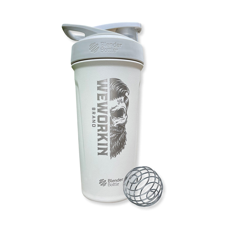 White Stainless Steel BlenderBottle® with WeWorkin Brand icon vertically etched large on side—BlenderBottle® logo etched small below WW skull graphic. Where image is etched, the stainless steel of the bottle shows through and the rest of bottle is in color.
