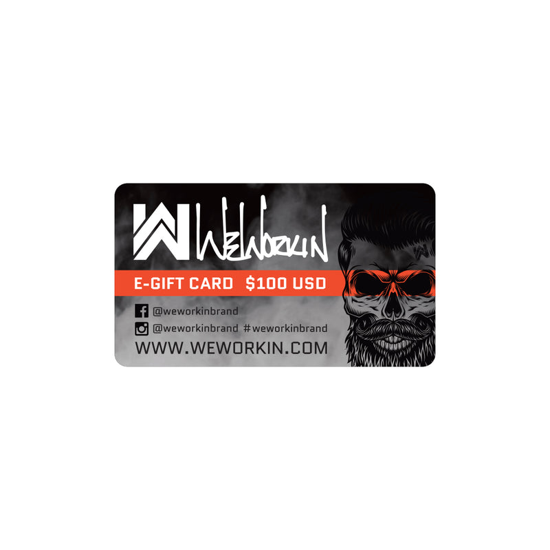 Virtual WeWorkin e-Gift card on a white background. $100 USD value pictured.