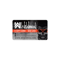 Virtual WeWorkin e-Gift card on a white background. $50 USD value pictured.