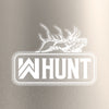 WW HUNT white print/clear decal—custom die-cut, direct transfer decal on a brushed metal background.