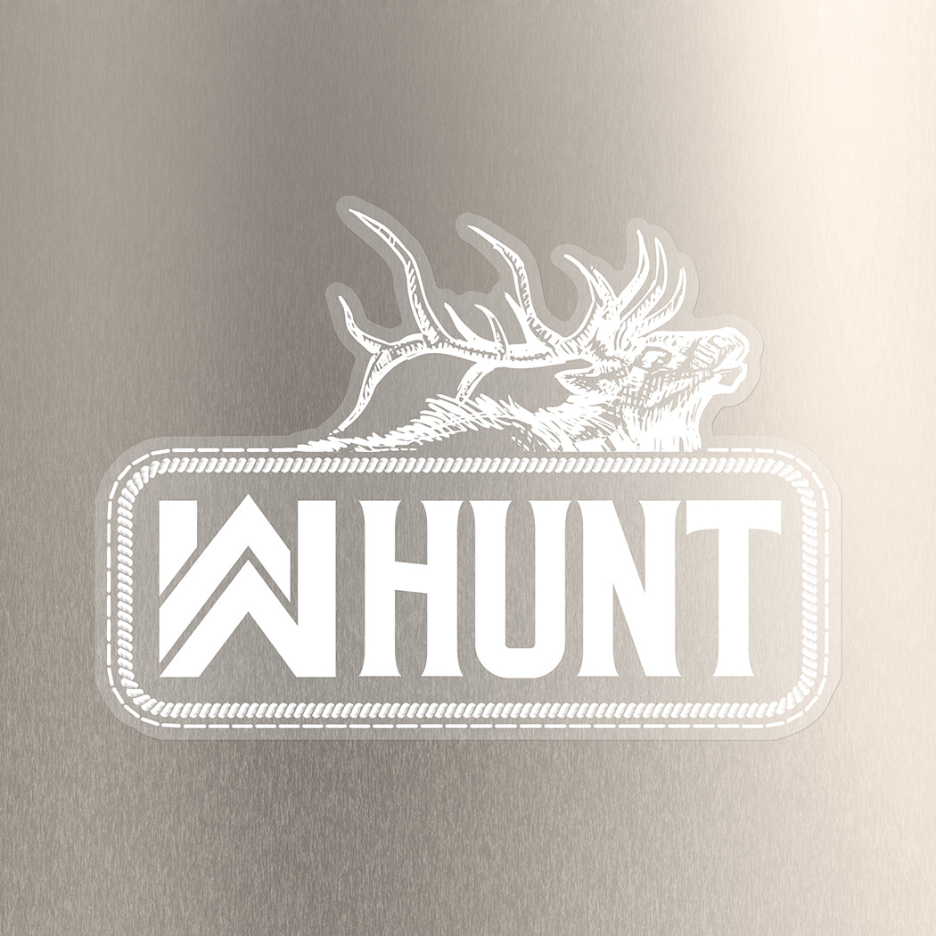 WW HUNT white print/clear sticker—custom die-cut, clear-background sticker on a brushed metal background.