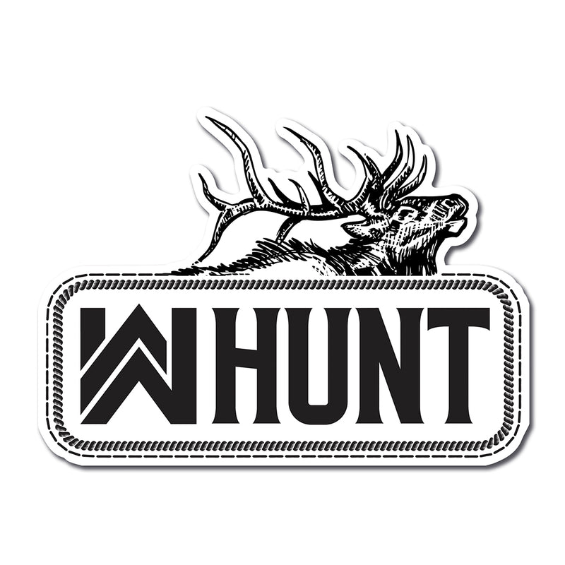 WW HUNT black/white die-cut sticker on a white background. Our newest design, a WW HUNT and ELK image in our signature "patch" style (WW icon/text/elk graphic, outer "stitch" outline, inner "rope" design, all in black ). Made to last in the relentless outdoors. (Sticker measures approximately 4.5"W x 3.25"H)