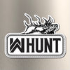 WW HUNT die-cut sticker placed on a brushed metal background. Our newest design, a WW HUNT and ELK image in our signature "patch" style (WW icon/text/elk graphic, outer "stitch" outline, inner "rope" design, all in black ). Made to last in the relentless outdoors. (Sticker measures approximately 4.5"W x 3.25"H)