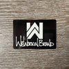 WeWorkin Brand Icon + Script logo custom die-cut rectangular sticker on a black background. They are top quality vinyl—outdoor weather resistant, scratch and sun-proof (UV Laminated White Polypropylene). Each sticker measures approximately 3.5"W x 2.375"