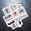(3) WeWorkin branded PATRIOT sticker sheets laying on top of each other. Single sheet includes (6) Die Cut stickers, each with a different graphic theme and tagline, most in Red/White/Blue—You Will Not Outwork Me. We the Workin. We the Workin Built by We the People. Freedom Comes with a Price...WORK. WEWORKIN Brand (with half skull). Full sheet measures 4.5"W x 9"H. Sticker sheets are pictured on a pitted/scratched metal background.
