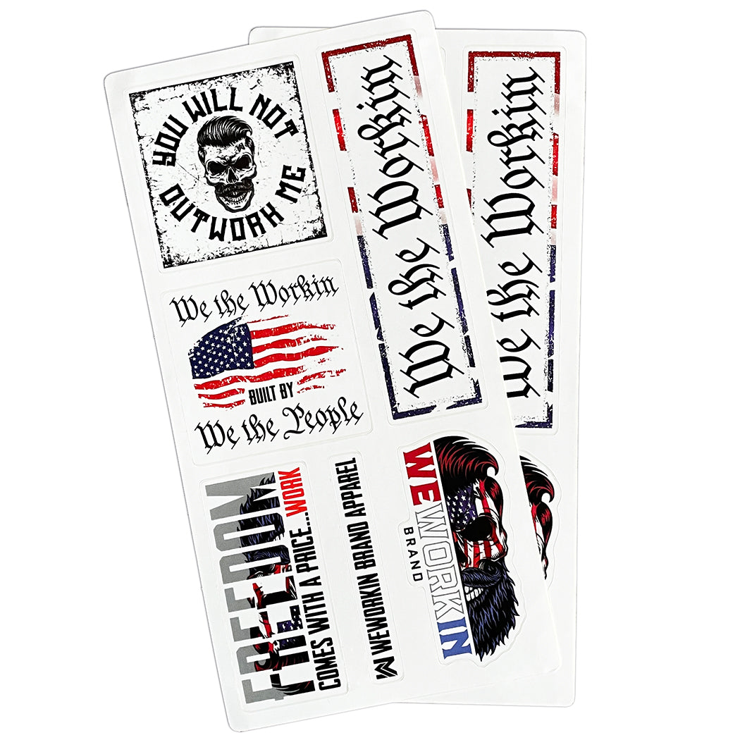 2 WeWorkin branded PATRIOT sticker sheets placed on top of each other. 1 Sheet includes (6) Die Cut stickers, each with a different graphic theme and tagline, most in Red/White/Blue—You Will Not Outwork Me. We the Workin. We the Workin Built by We the People. Freedom Comes with a Price...WORK. WEWORKIN Brand (with half skull). Full sheet measures 4.5"W x 9"H. Sticker sheets are pictured on white background.