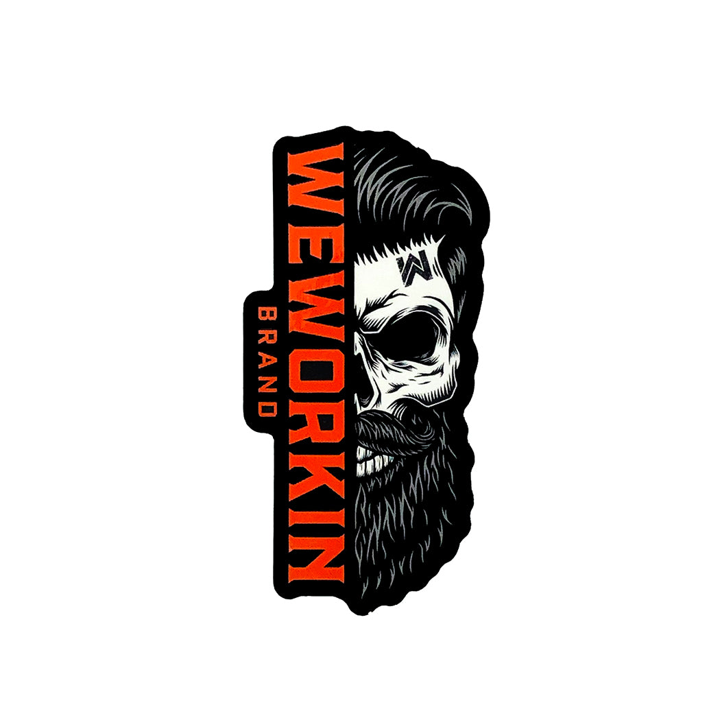 WeWorkin Brand sticker on a white background. This WEWORKIN Brand Bearded Skull sticker is die-cut and printed in a blaze orange/white/black color combination. Top quality vinyl sticker—outdoor weather resistant, scratch and sun-proof (UV Laminated White Polypropylene). Sticker measures approximately 1.75"W x 3.5"