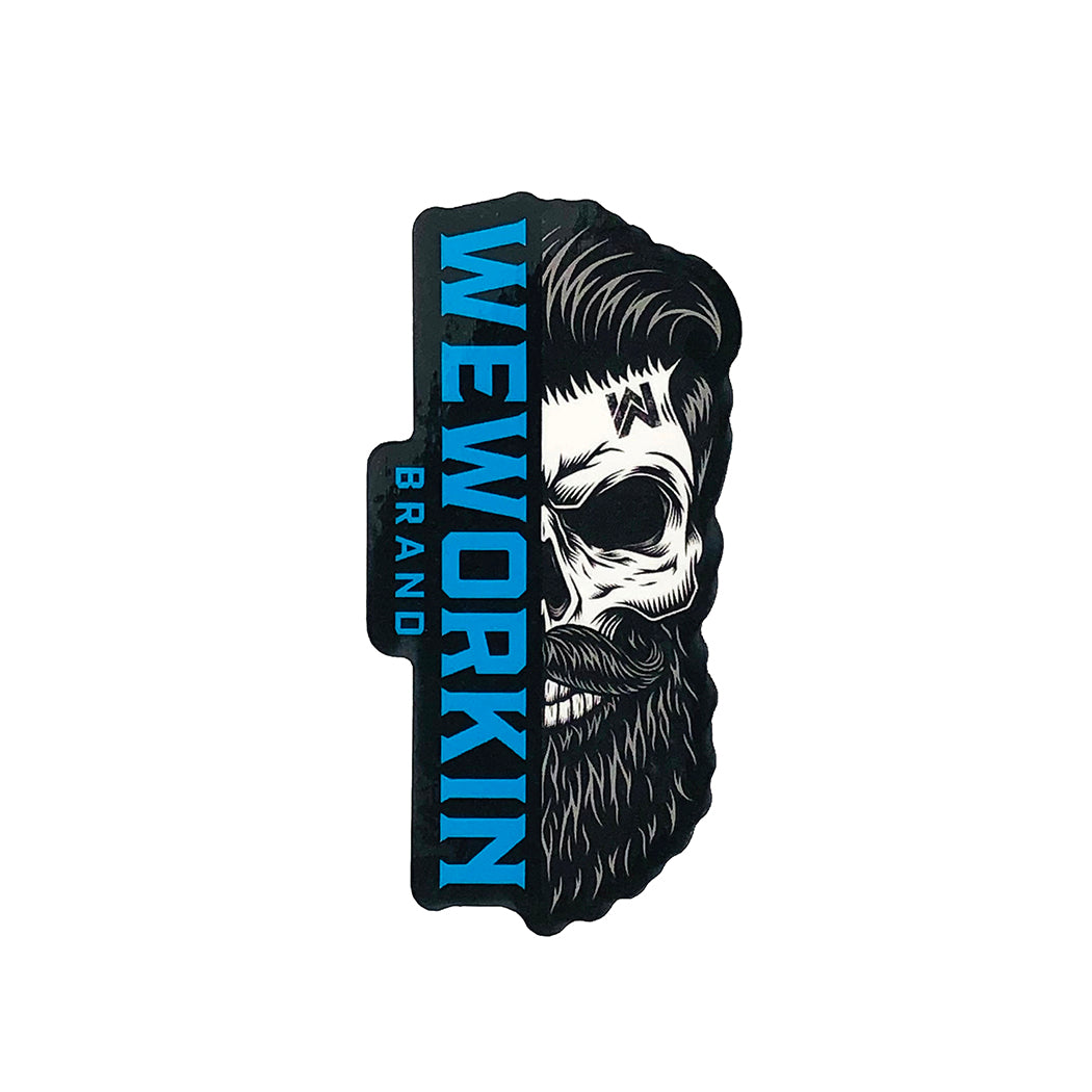 WeWorkin Brand sticker on a white background. This WEWORKIN Brand Bearded Skull sticker is die-cut and printed in a teal/white/black color combination. Top quality vinyl sticker—outdoor weather resistant, scratch and sun-proof (UV Laminated White Polypropylene). Sticker measures approximately 1.75"W x 3.5"